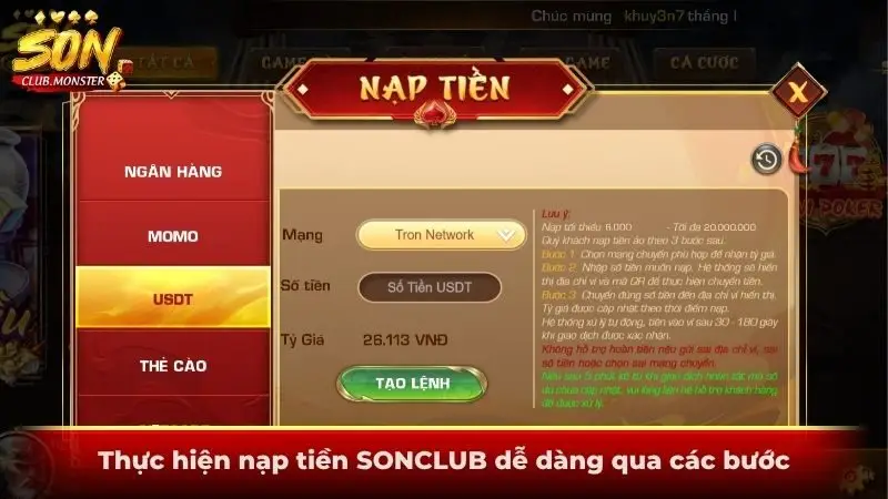 Thực hiện nạp tiền SONCLUB dễ dàng qua các bước
