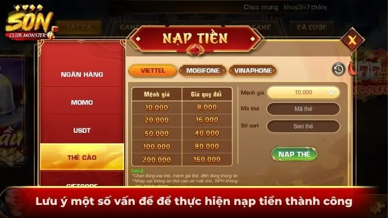 Lưu ý một số vấn đề để thực hiện nạp tiền thành công