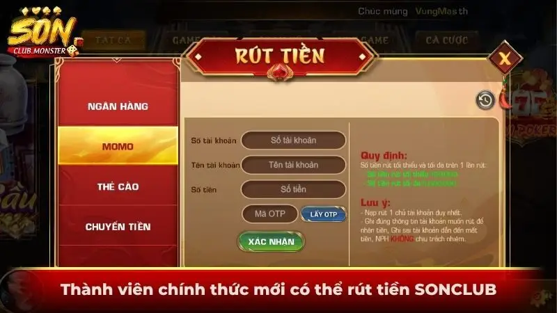 Thành viên chính thức mới có thể rút tiền SONCLUB